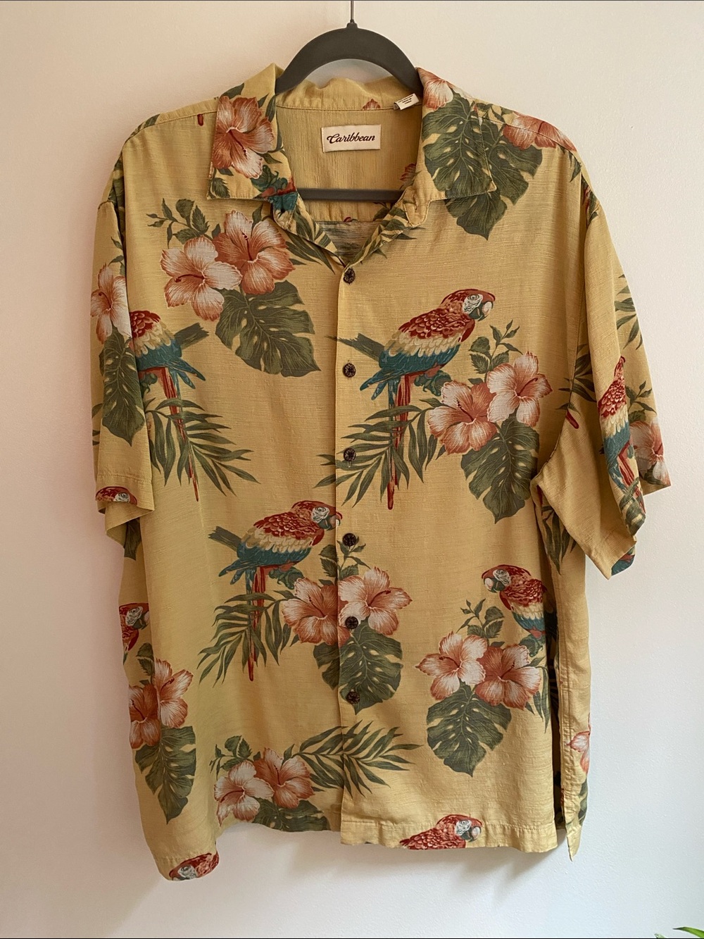 Caribbean Men's Yellow Silk Blend Tropical Parrot Floral Button-Up Shirt.
